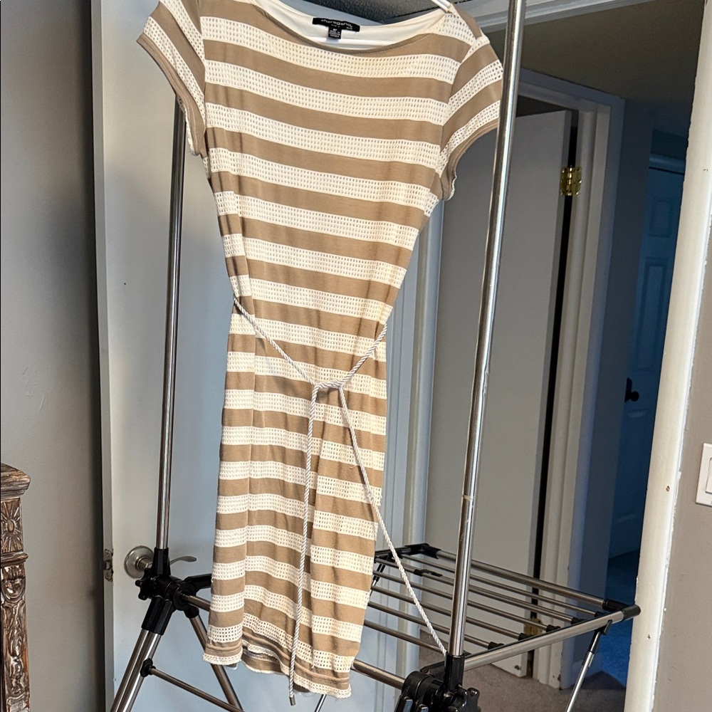 Sharagano Tan and White Striped Midi Dress